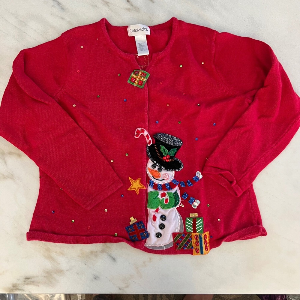 Chadwicks Red Snowman Sequin Beaded Ugly Christmas Sweater Cardigan Womens M
